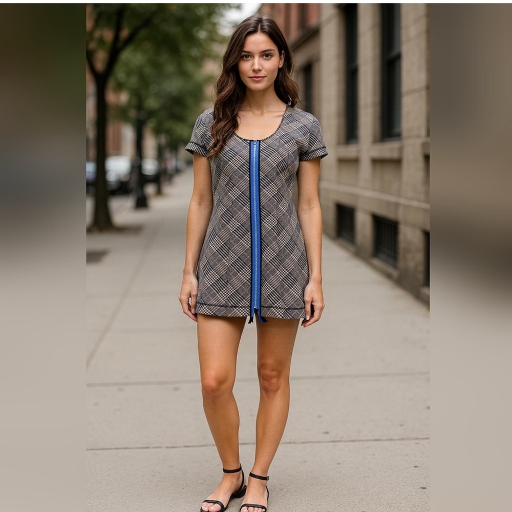 Derek Lam: Plaid Dress w/Blue Zipper Detail (ptp approx 19in)